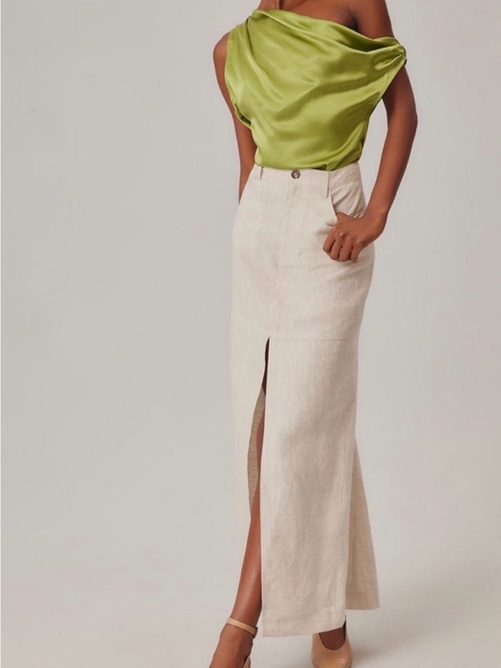 Women's Cream Linen Blend Midi Skirt with Front Slit - Picture 8 of 11